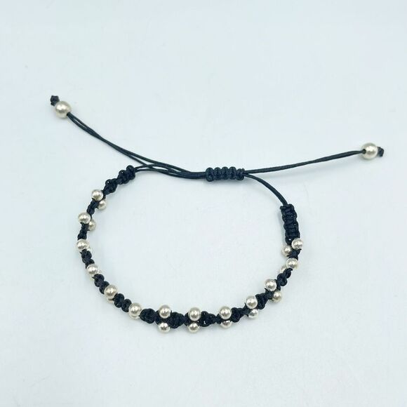 Braided Bracelet Black With Silver Beads and Sliding Closure - Picture 7 of 9